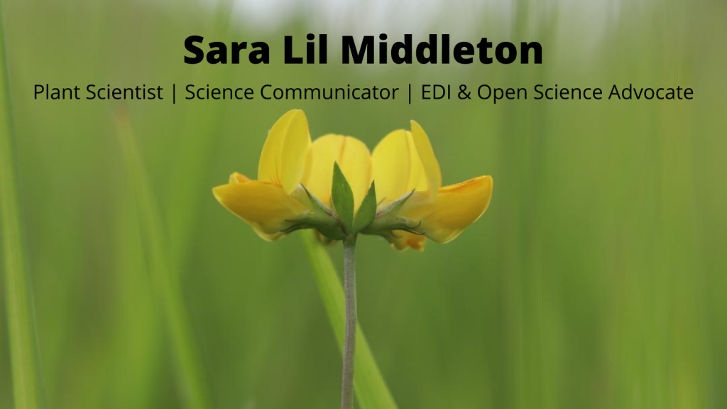 a macro shot of a bird's foot trefoil with the text in black above saying Sara Lil Middleton: Plant scientist, science communicator and EDI and open science advocate.